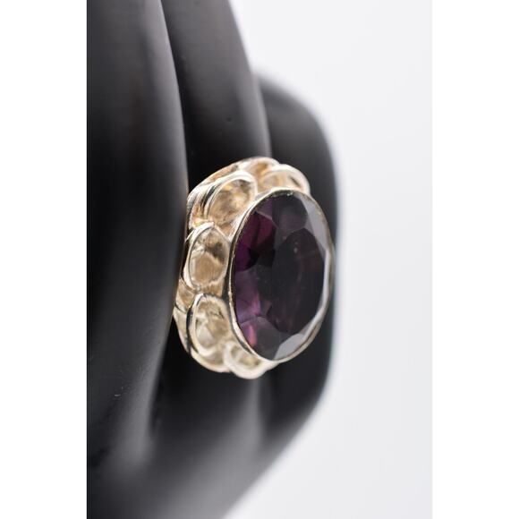 Vintage 8 Cocktail Ring Purple Crystal Open Bezel Chunky Oval Silver Tone - Picture 8 of 12